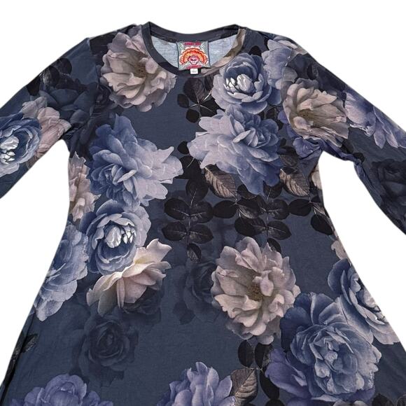 Johnny Was Grey Peony Long Sleeve Tee Dress Blue Gray Floral Print - Size Large - Picture 7 of 10